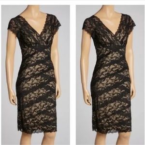 MARINA Lace Black and Nude Tiered Beaded Dress NWT